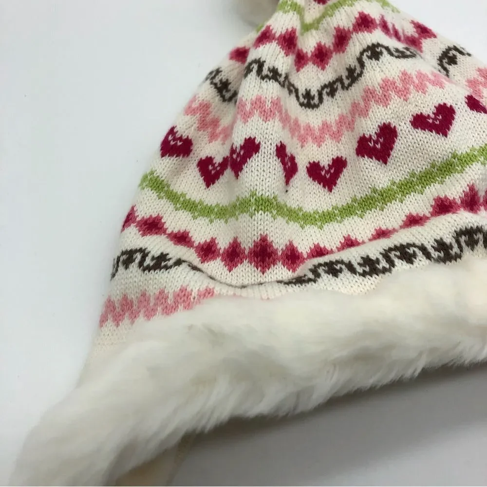 Janie & Jack Braid Knit Beanie Baby Girl 6-12 Mos Fleece‎ Lined Heart Multicolor